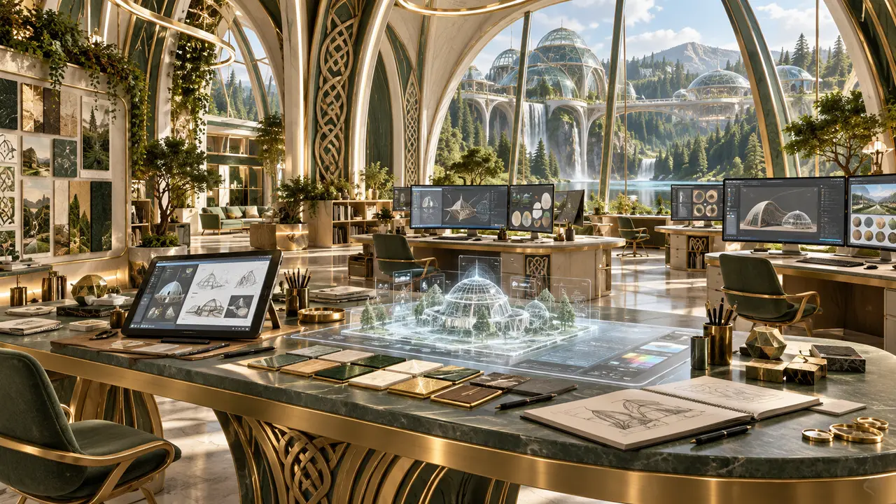 An original pearl and emerald software atelier with connected workstations and holographic tools